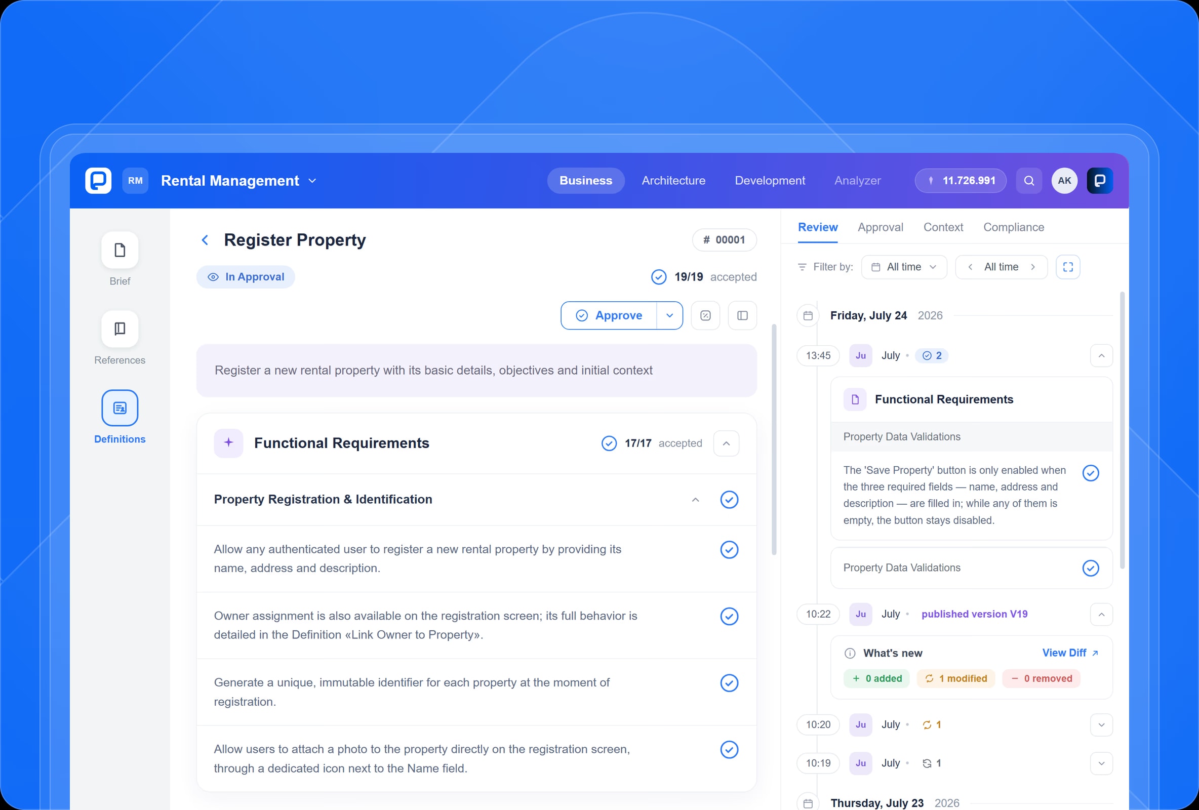 expandev Analyzer workspace showing the review timeline and compliance findings