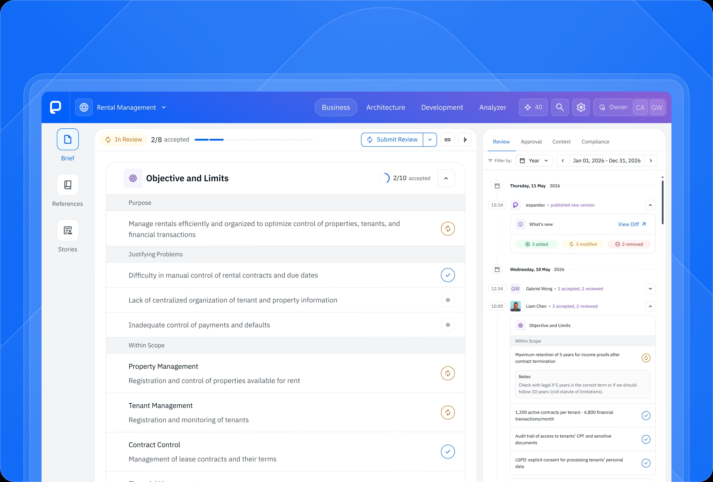 expandev platform dashboard showing project context and DVU consumption